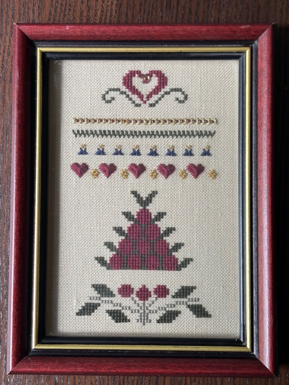 VTG Framed Cross Stitch Sampler Hearts Berries Finished Needlework Folk Art